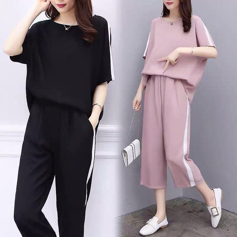 Women's Summer Korean Style Two Piece Fat Loose Casual Wide Leg Pants Suit for Women