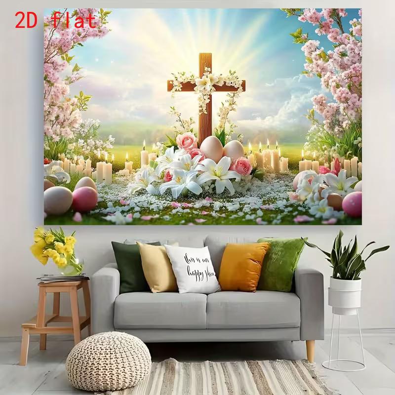 

2D Easter Christian Cross Backdrop with Lilies, Eggs & Candles Photography Background for Religious Celebration 47.2x31.5inch/120*80cm