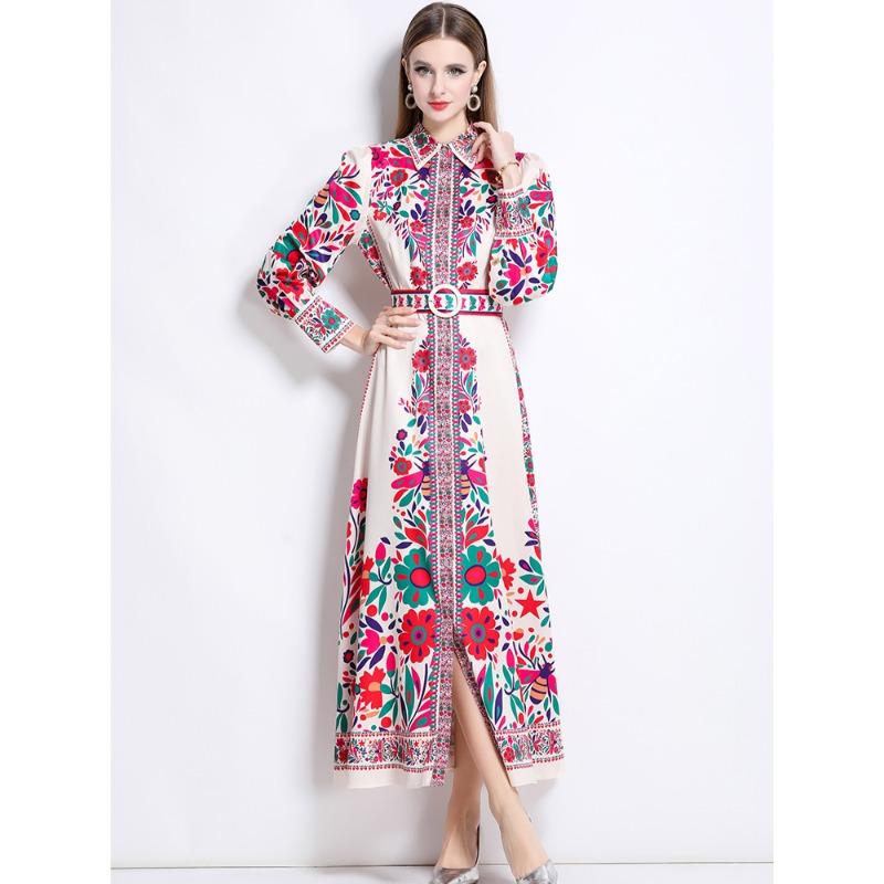 Spring Autumn Women Vintage Print Runway Dresses Single Breasted Long Maxi Party Belt Robe Dress for Graduation