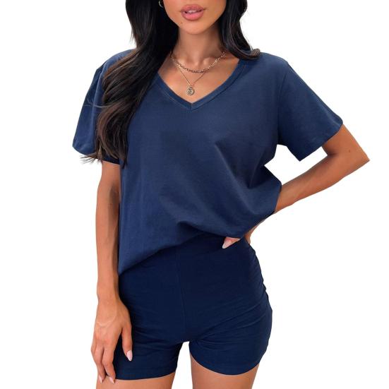 2 Pcs/Set Women T-shirt Shorts Set Suit V Neck Short Sleeves Solid Color Loose Top High Waist Mini Shorts Sport Outfit Casual Daily Tracksuit