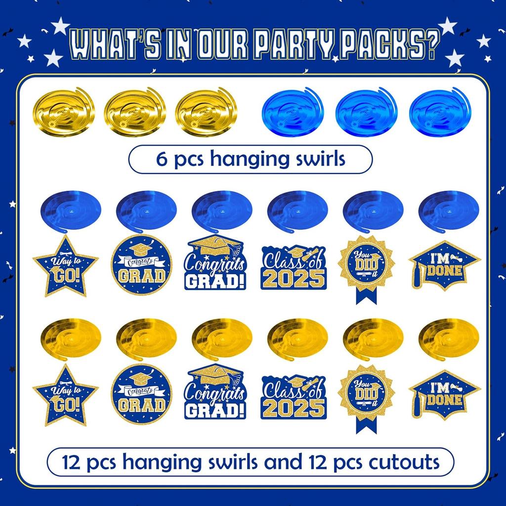 2025 Graduation Party Decorations - 30 Pcs Blue Gold Class of 2025 Congrats Grad Hanging Swirl Ceiling Decor for Home School Classroom Graduation