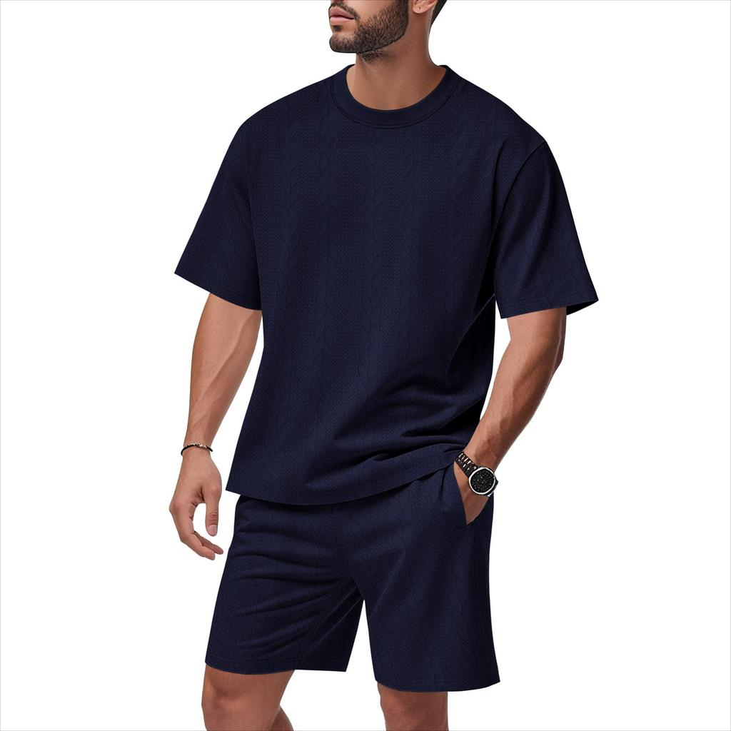 Men's Summer Jacquard Suit, Round Neck, Short-sleeved Shorts, Casual Two-piece Suit