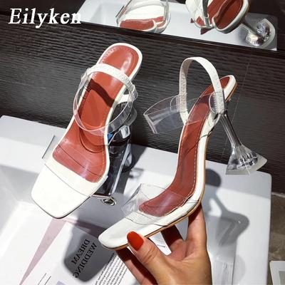 Fashion Eilyken White Yellow PVC Jelly Sandals Crystal Open Toe Perspex Spike Transparent Heel Sandals Slippers 9CM