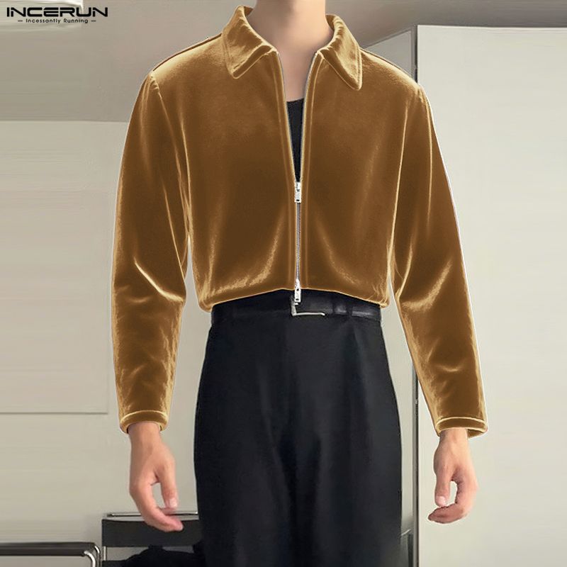 INCERUN Men Casual Lapel Neck Long Sleeve Zipper Up Velvet Jackets Coats