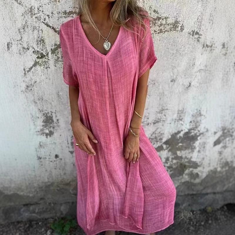 European & American Cross-Border Fashion 2025 V-Neck Cotton Linen Semi-Formal Dress