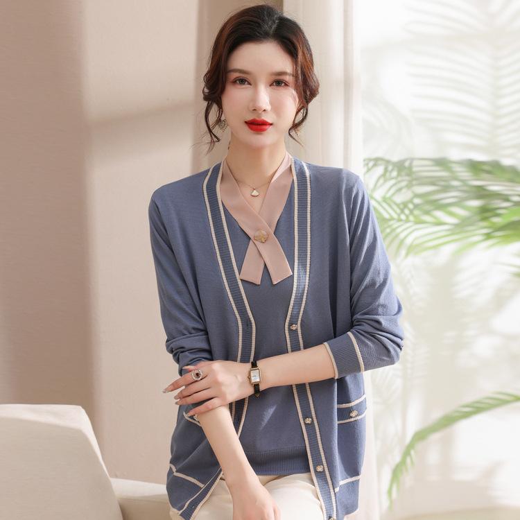 Mom Spring Two-Piece Set Middle-aged and Elderly Women's Fashion Long Sleeve Jacket Summer Versatile Knitted Short Sleeve Top