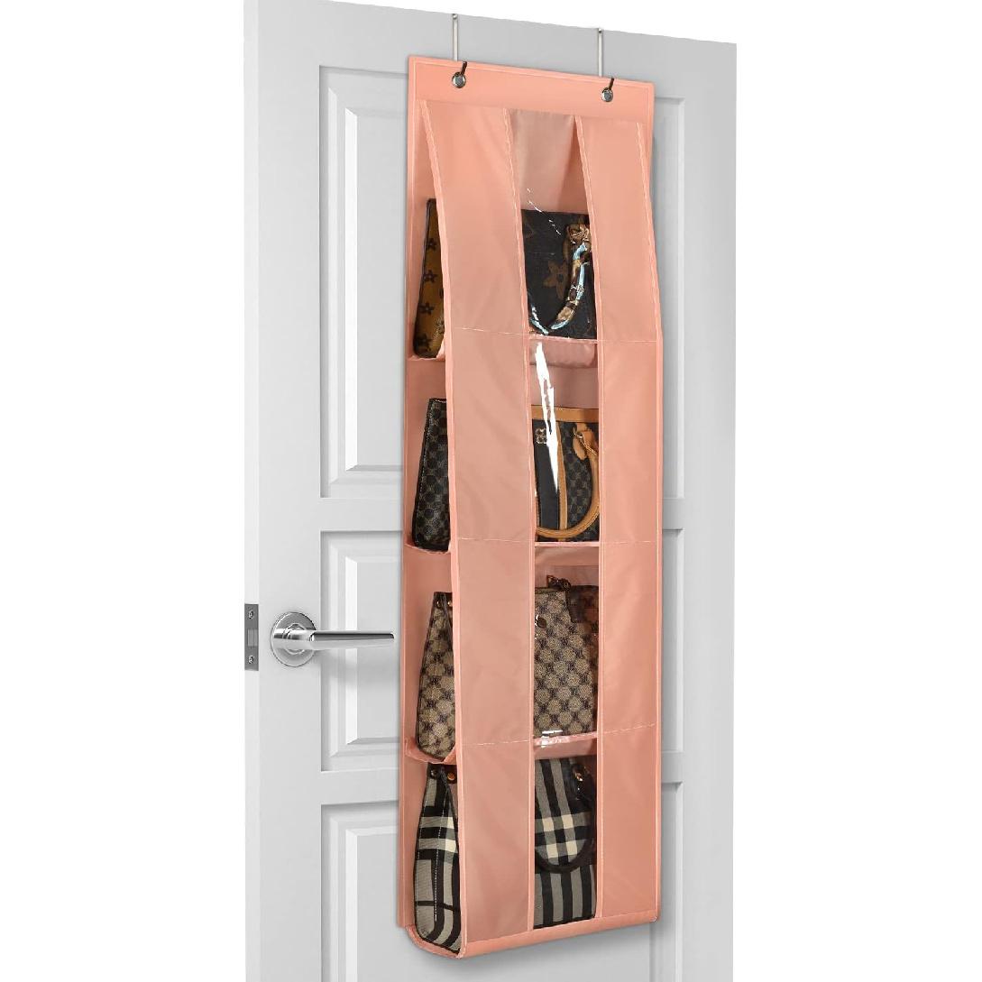 Lirex Over the Door Purse Organizer, handbag storage organizer with 4 Clear Pockets Foldable, purse storage, scarf storage, clothing organizer, светло-розовый