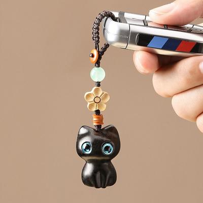 Lanière Courte avec Pendentif Style Chinois Décoration Pendentif Porte-clés Sangle Anneau pour Téléphone Portable Pendentif Chat Porte-bonheur Porte-clés Bois de Santal