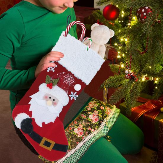 Christmas Stocking Snowman Santa Design Soft Xmas Stockings with Plush Cuff Fireplace Hanging Socks Candy Bag for Tree Fireplace Window Staircase