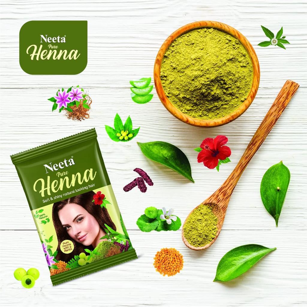 Neeta Pure Henna Powder for Hair with 9 Natural Herbs 50g X Pack of 6 Soft Shiny Natural Hair Color