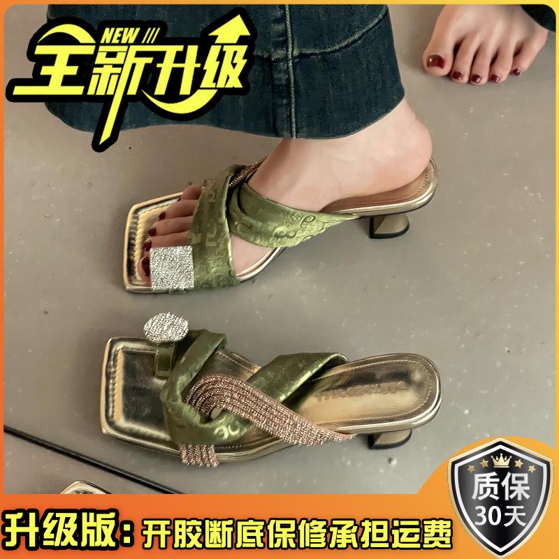 Cross-strap women's square head slippers outer wear summer new Internet celebrities popular temperament versatile open-toed high-heeled cool slippers