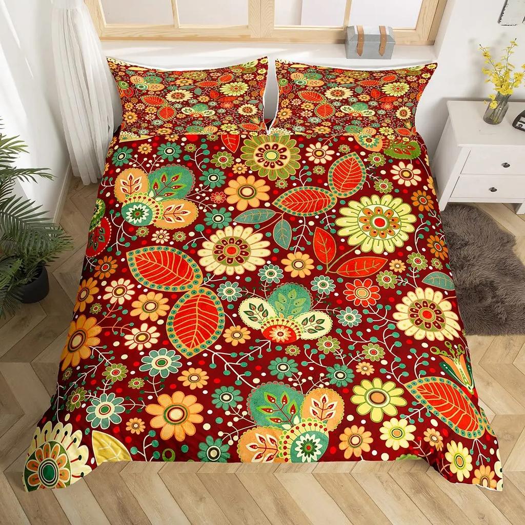 Hippie Flower Duvet Cover Set Boho Mandala Bedding Set Microfiber Groovy Flowers Comforter Cover King for Girls Women Room Decor