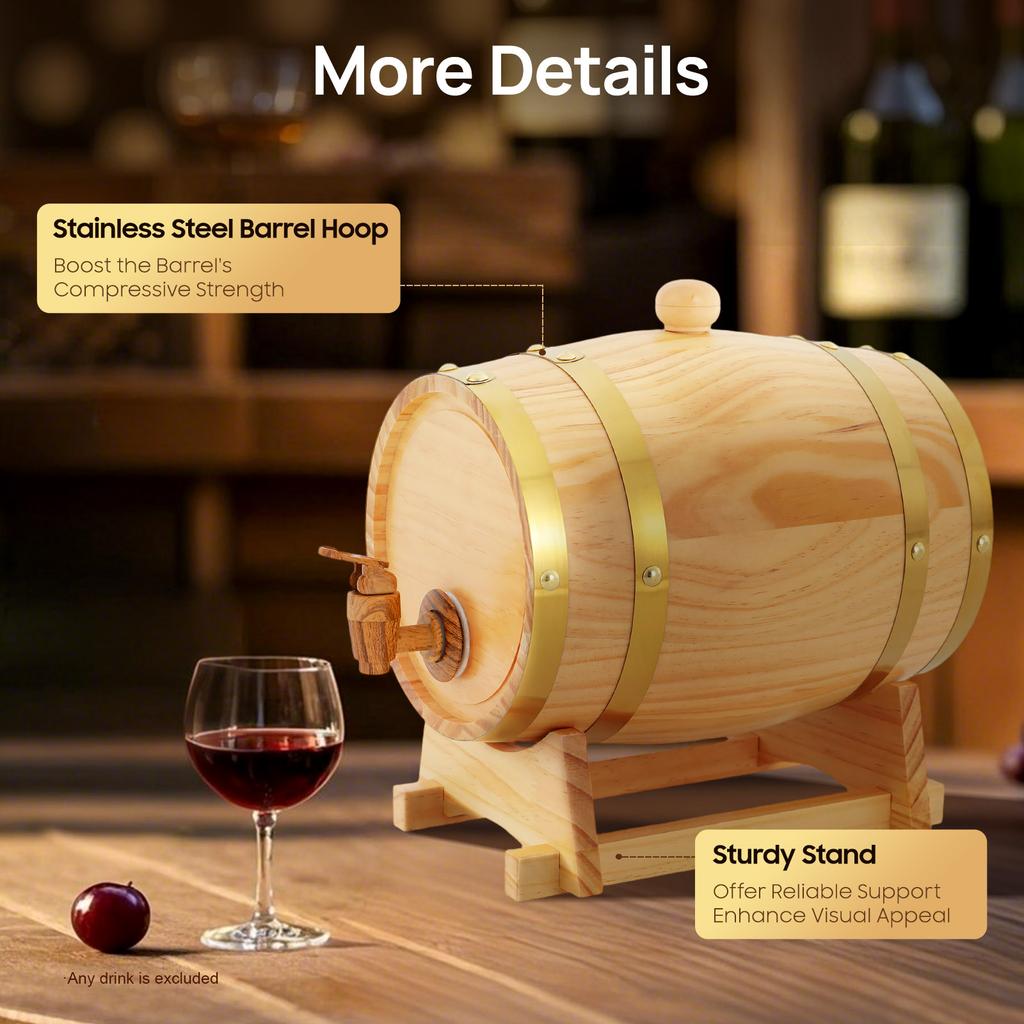 Pine Wood Wine Barrel 3L Original Wood Color with Stand, For Whiskey/Wine Fermentation Home/Bar