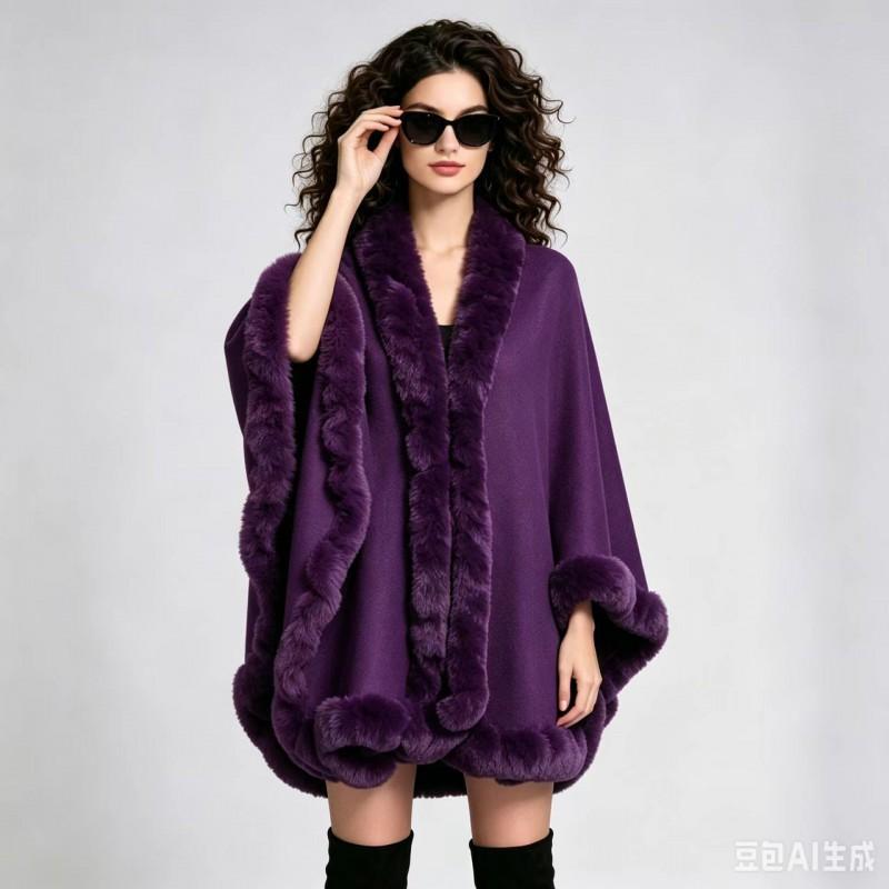 Oversized Knit Cape With Faux Fur Collar Women Winter Warm Thick Sweater Shawl Street Style