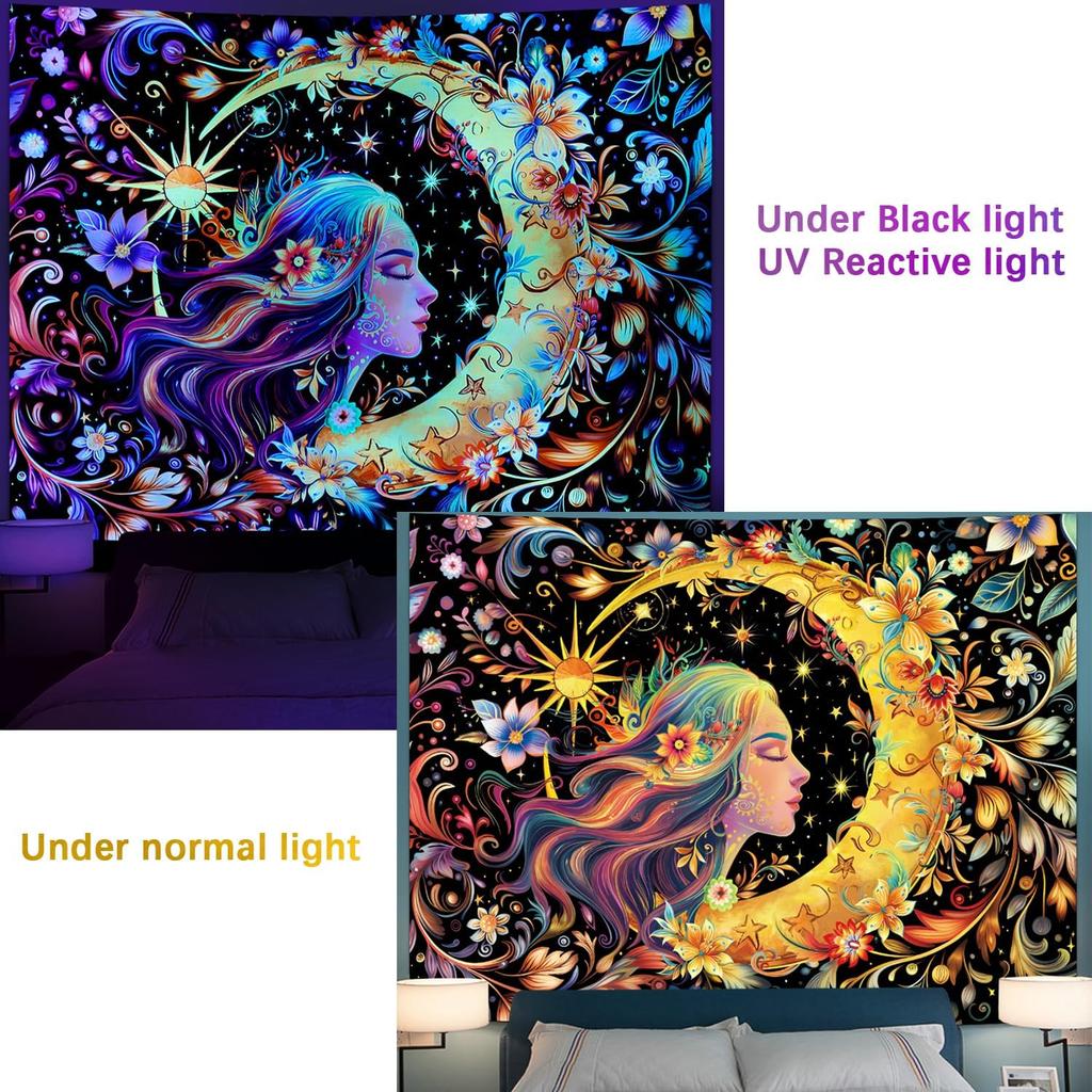 Serborlur Blacklight Sun and Moon Tapestry UV Reactive Psychedelic Floral Tapestries Galaxy Space Tapestry Hippie Boho Mandala Wall Hanging Flower
