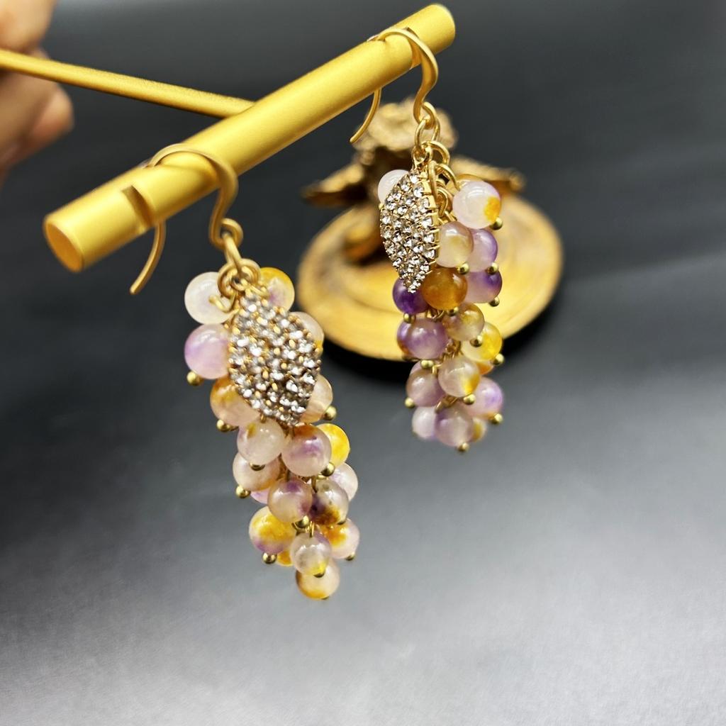 Vintage Western Grape Skewer Agate Colored Stone Earrings Electroplated Simple Luxury Versatile Style