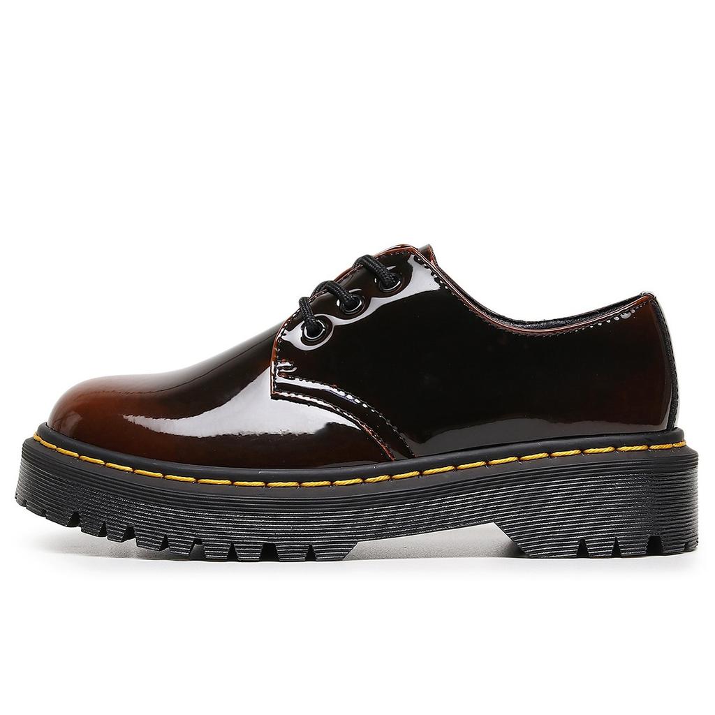 Medium and Thick Bottom Hole Small Leather Shoes Women's, Men's Low-top Leather Color-changing Green Round Head Casual Student Muffin Bottom Short