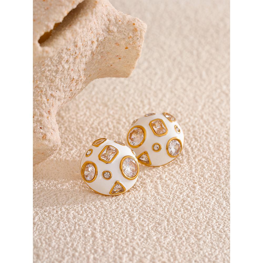 Eetit Ohrstecker aus Edelstahl mit weißem Emaille und eingelegtem Zirkonia-Anhänger für Damen, modischer, wasserdichter Schmuck