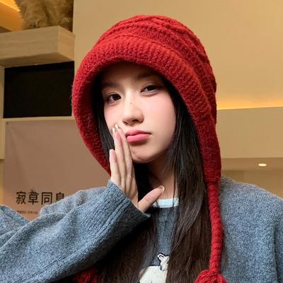 Koreanischer Retro Vielseitiger Verdickter Gestrickter Wollhut Herbst und Winter Winddicht und Warm Quasten Fuchs Hut Zeigt Gesicht Kleine Pullovermütze