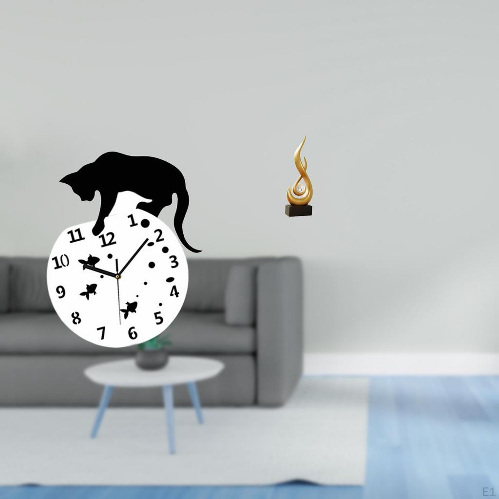 Silent Abstract Hanging Flame Cat Wall Clock Modern Figurine Quiet Movement for Living Room Dining