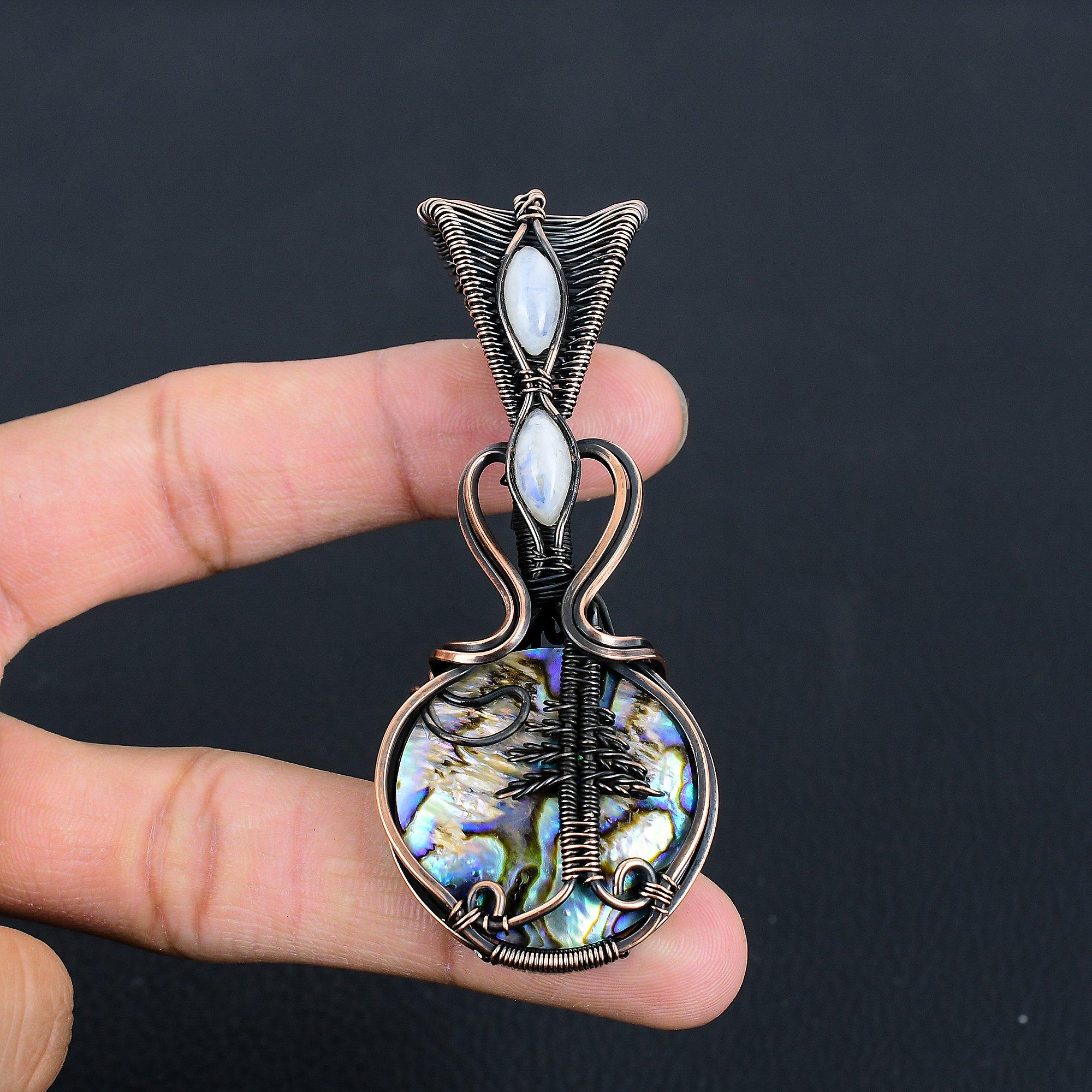 

Кулон из раковины абалона, обернутый медной проволокой 999 пробы, Ювелирные изделия с подвеской из драгоценного камня ручной работы, Подарки для жены, Совершенно новый кулон 2.55 Inches