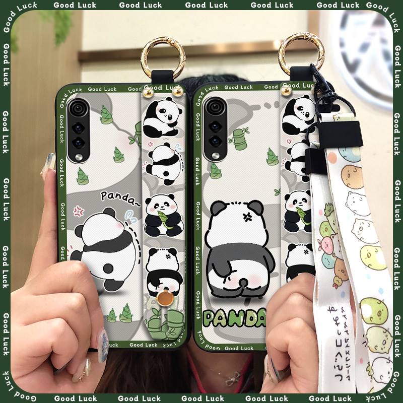 Shockproof Wrist Strap Phone Case For LG Velvet 4G/5G Silicone Soft case Durable Kickstand Cartoon Lanyard Panda Ring