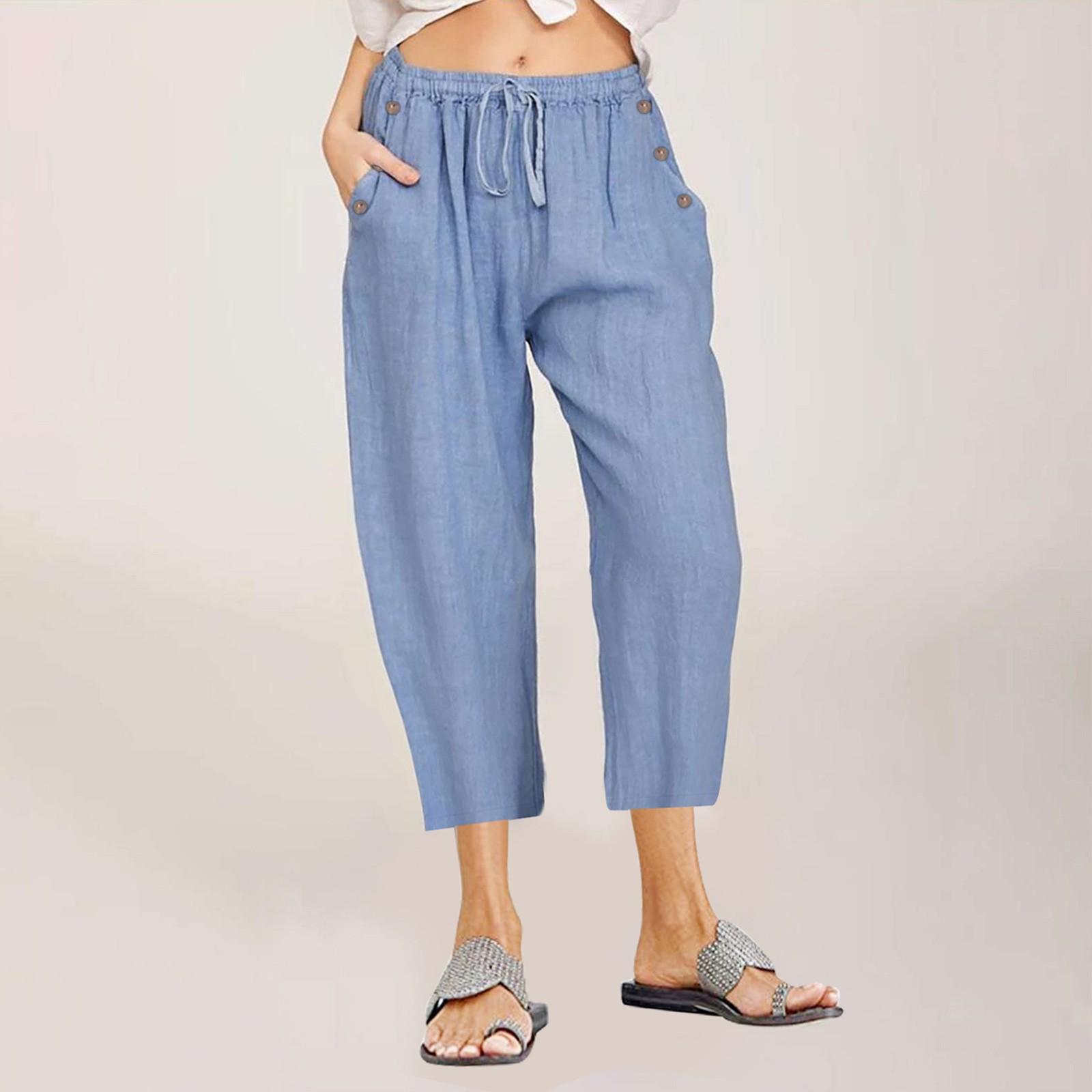 

Women s Capris Summer Cotton And Linen Wide Leg Casual Drawstring High Waist Pocket Capris Boho Pants For Women XXL