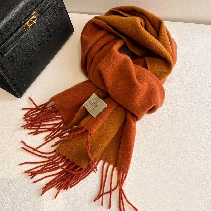 Gradual change color pure wool scarf women's winter versatile tassel long double-sided color large shawl dual-purpose new