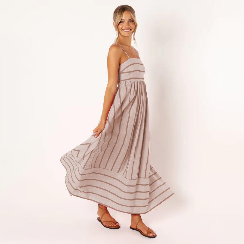 Women Spring Sleeveless Striped Slim Suspender Camisole Dress Summer Casual Ankle-Length Backless High Waist Loose Dresses S-XL