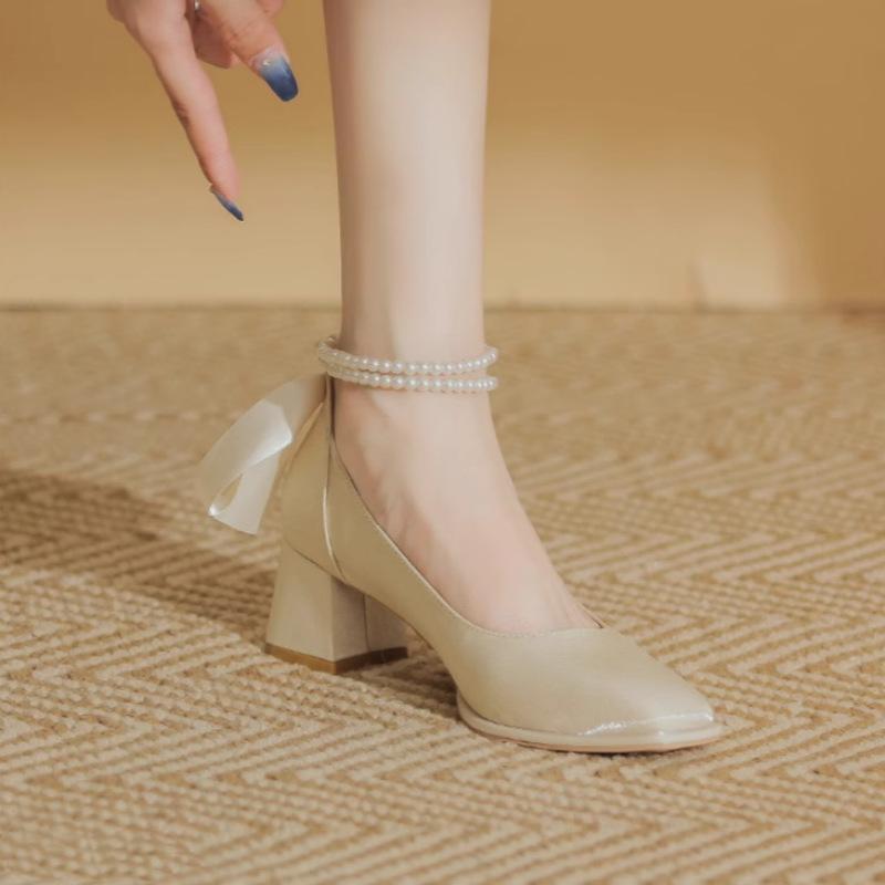Thick heel high heels wedding shoes women's high heels bride shoes spring new shoes Mary Jane women's shoes square head single shoes