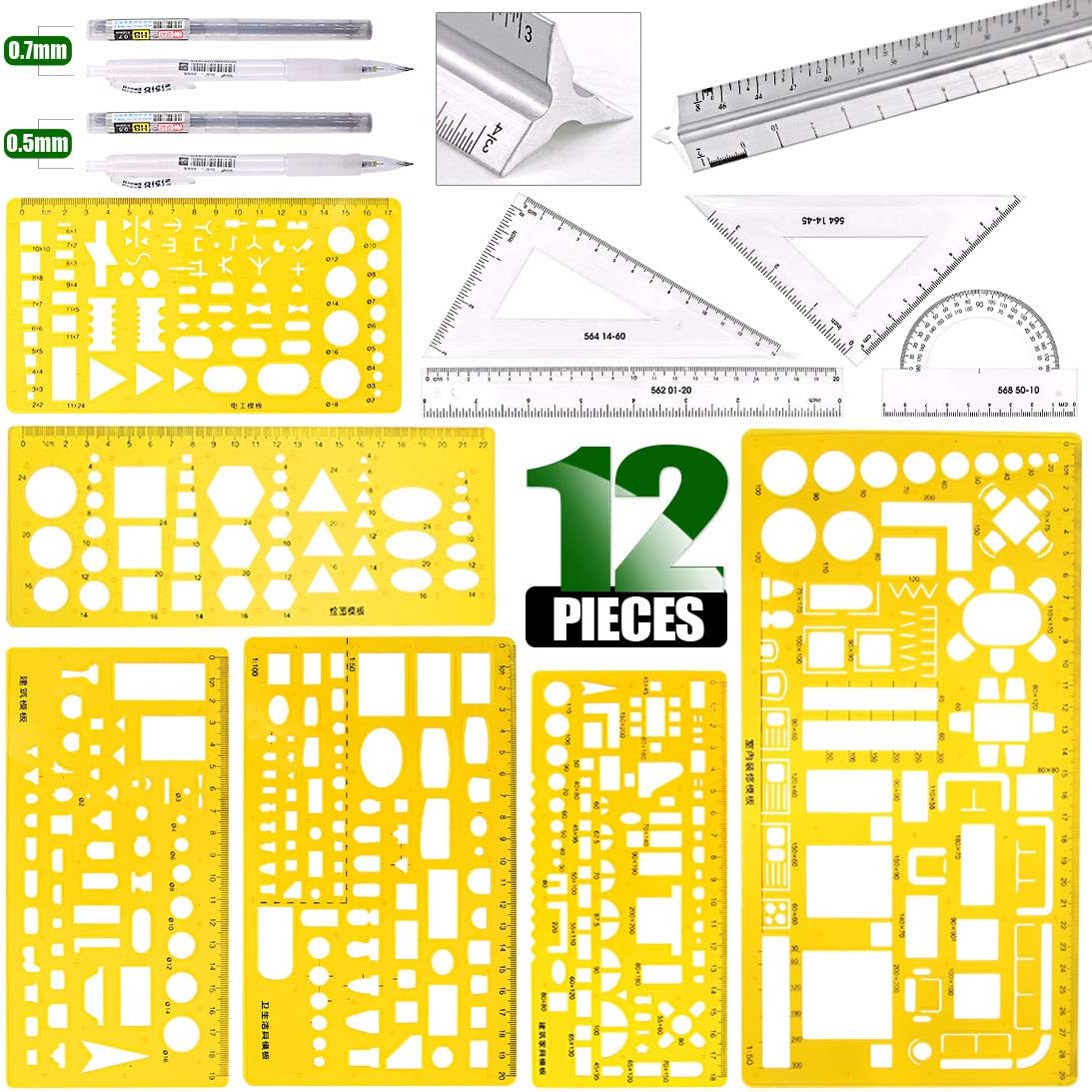 Keadic 12Pcs Geometric Drawings Templates, Geometry Ruler Plastic, Clear Shape Template Yellow Architect Scale Measuring Ruler Drafting Stencils