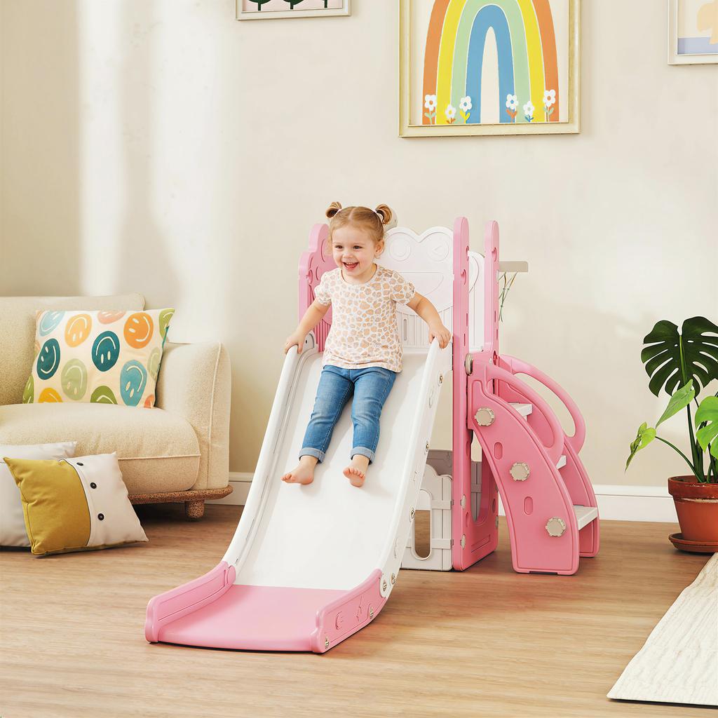5 In 1 Kids Slide Set with Basketball Hoop, Climbing Frame, Telescope, Storage Box for Toddlers Ages 1-3, Pink