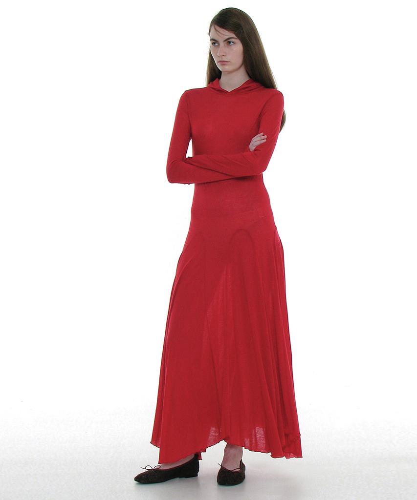 Partimento Woman Sheer Layered Hoodie Flare Dress_Red