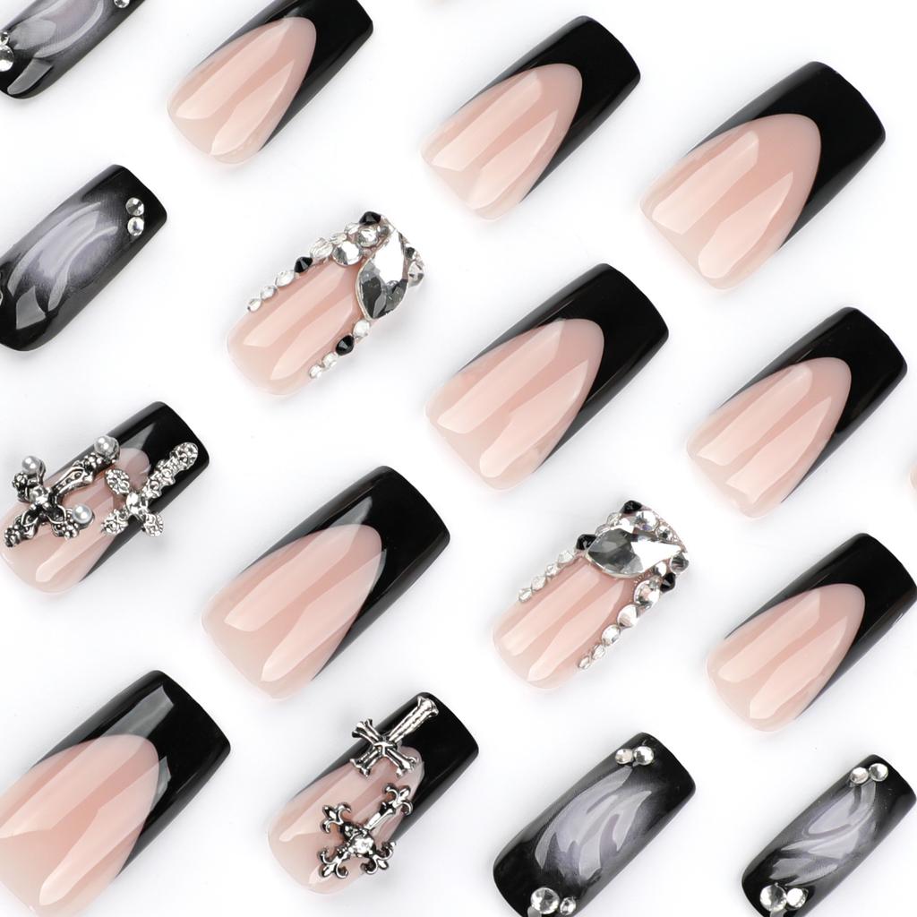 Cool French Black Wearing Nail Piece Finished Flash Cross Nail Piece 3D Water Ripple Fake Nail
