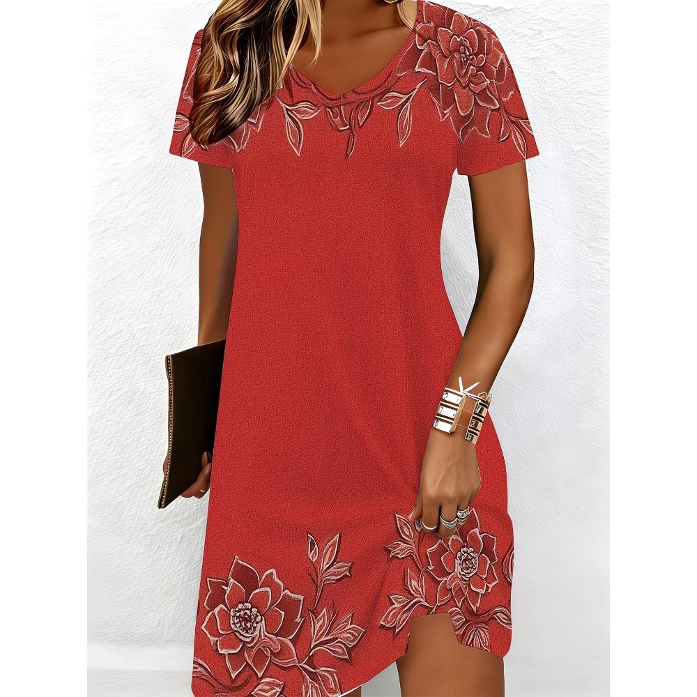 Summer Women's V-neck Short-sleeved Dress Elegant Floral Print Loose Casual Dress