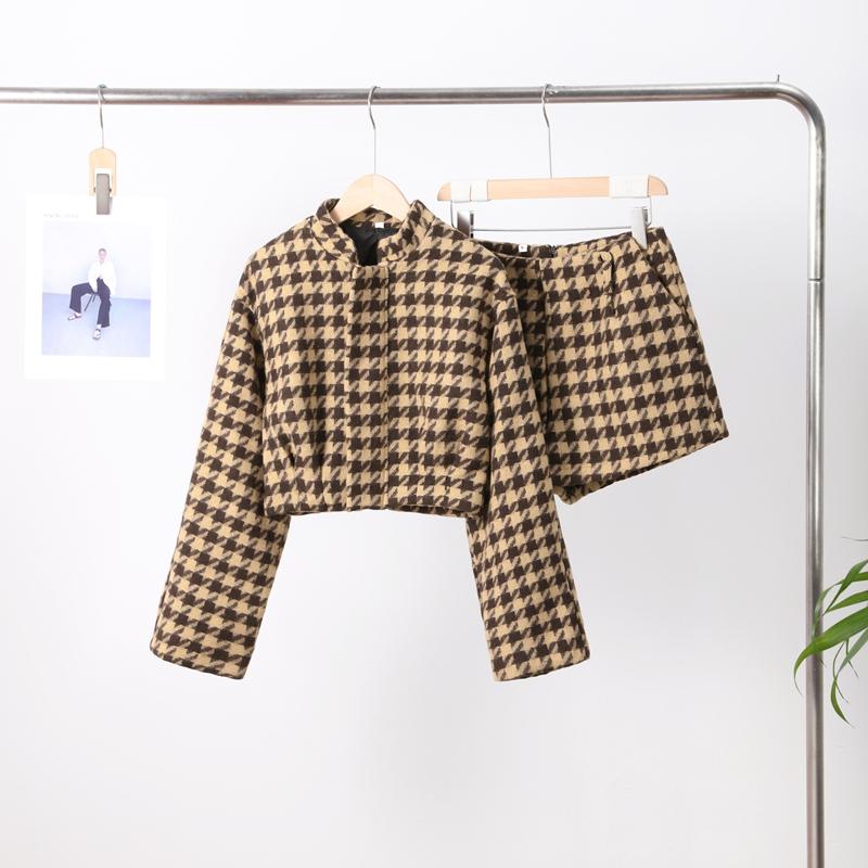 Plaid Short Jacket Shorts Suits Women Vintage Stand Collar Long Sleeve Zipper Coats With High Waist Shorts Street Ladies Outfits