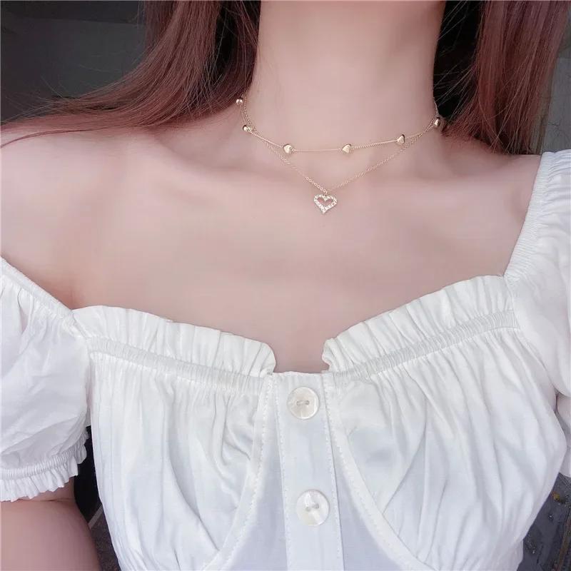 

Charm Fashion Gold Color Heart Zircon Double Layer Pendant Necklace for Women Temperament Wedding Bride Jewelry Accessories Gift