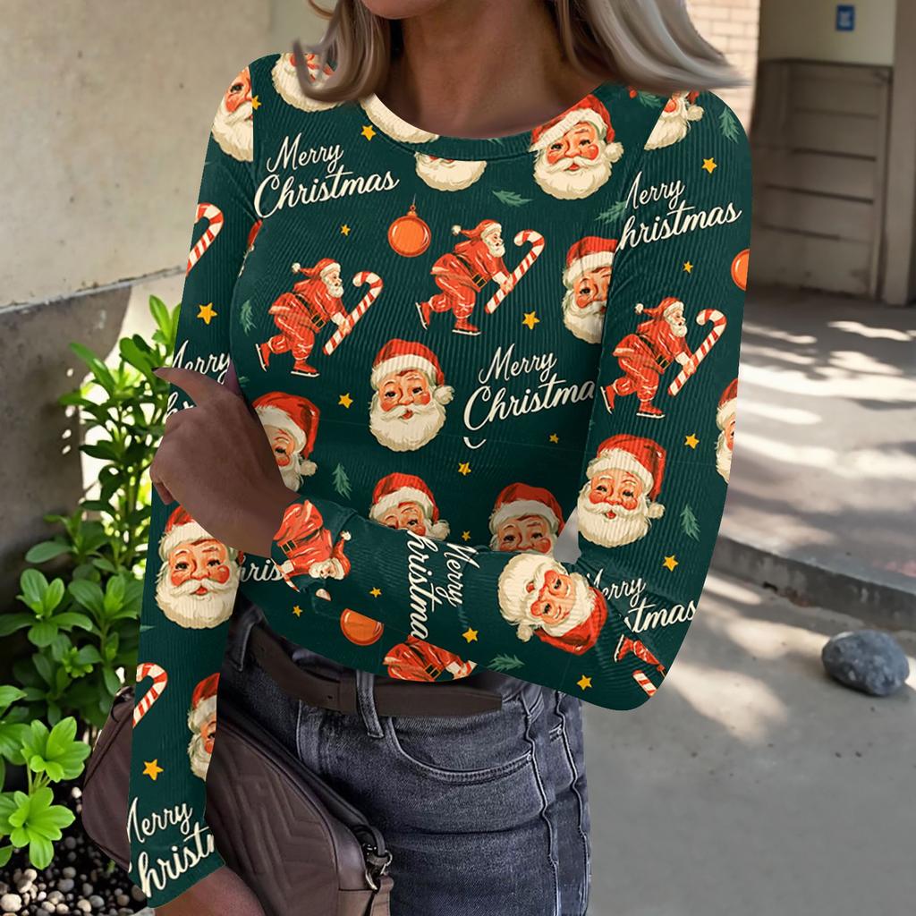 Women's Casual Long Sleeve Ribbed Neck Christmas Print Pullover Top