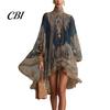 Lantern Sleeve Dress Boho Floral Print High Neck Irregular Chiffon Mini for Women, Smocked Neckline Long Flowy Party Cocktail Dress, Summer