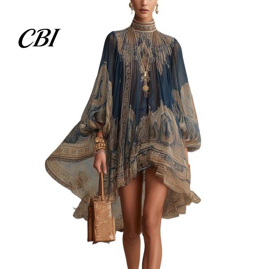 Lantern Sleeve Dress Boho Floral Print High Neck Irregular Chiffon Mini for Women, Smocked Neckline Long Flowy Party Cocktail Dress, Summer