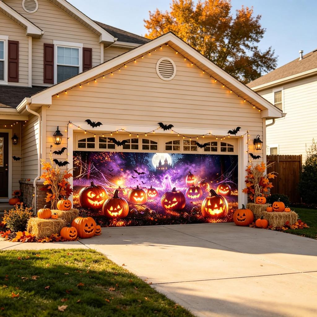 7x16 FT Halloween Garage Door Cover, Large Banner Backdrop with Full Moon, Ha...