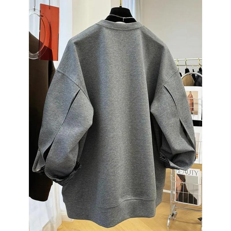 Autumn Winter Women's Pullover Round Neck Hoodie Lazy Style Splicing Design Fake Two Piece Loose Long Sleeve Tops