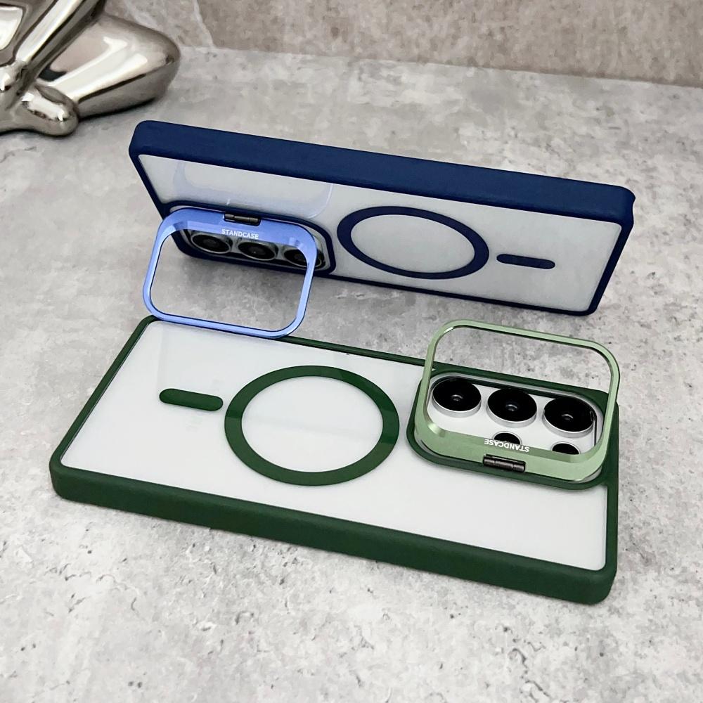 Metal Ring Lens Stand Holder Clear Magnetic Case For Samsung S25 Ultra S24 Plus S23 FE S22 A56 A36 A06 A15 For Magsafe Cover