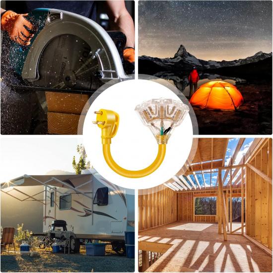 30 Amp To 110V 20 Amp RV Distribution Adapter, NEMA TT-30P Male To 3X5-15R/20R Household Outlet Female With LED Power Indicator Light