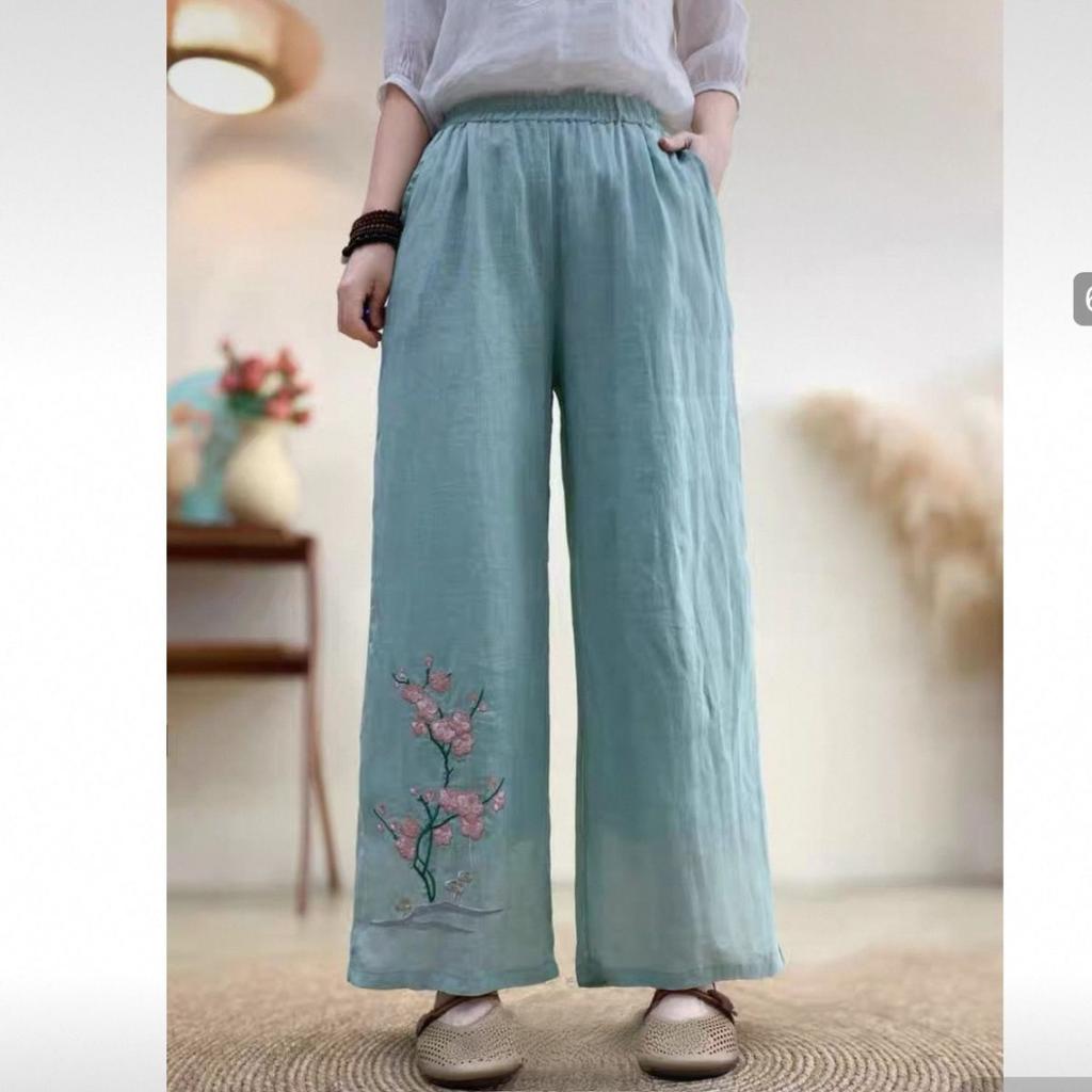 Summer National Style New Chinese Trousers Women's Elastic Embroidered Ethnic Style Embroidered Casual Trousers Retro Loose Wide-leg Trousers