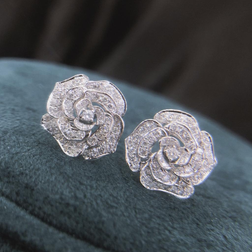 Three Dimensional Full Pave Rose Flower Stud Earrings Layered Floral Sparkly Ear Studs for Women Wedding Daily Jewelry