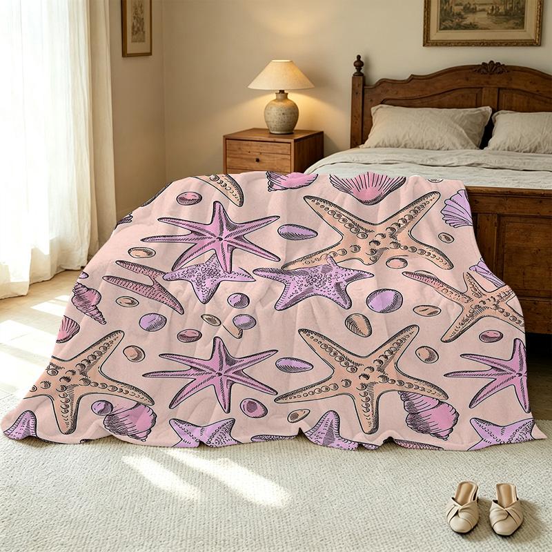 Flannel Fleece Throw Blanket Soft Cozy, Starfish Seashell Pattern, Machine Washable Warm Blanket for Home Office Napping, Christmas Halloween Decor