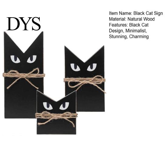Solid Wood Craft 3 Pcs Halloween Black Cat Wooden Block Sign, Vintage Table Decoration Decorative Cutout with Burlap Rope, Rustic Farmhouse