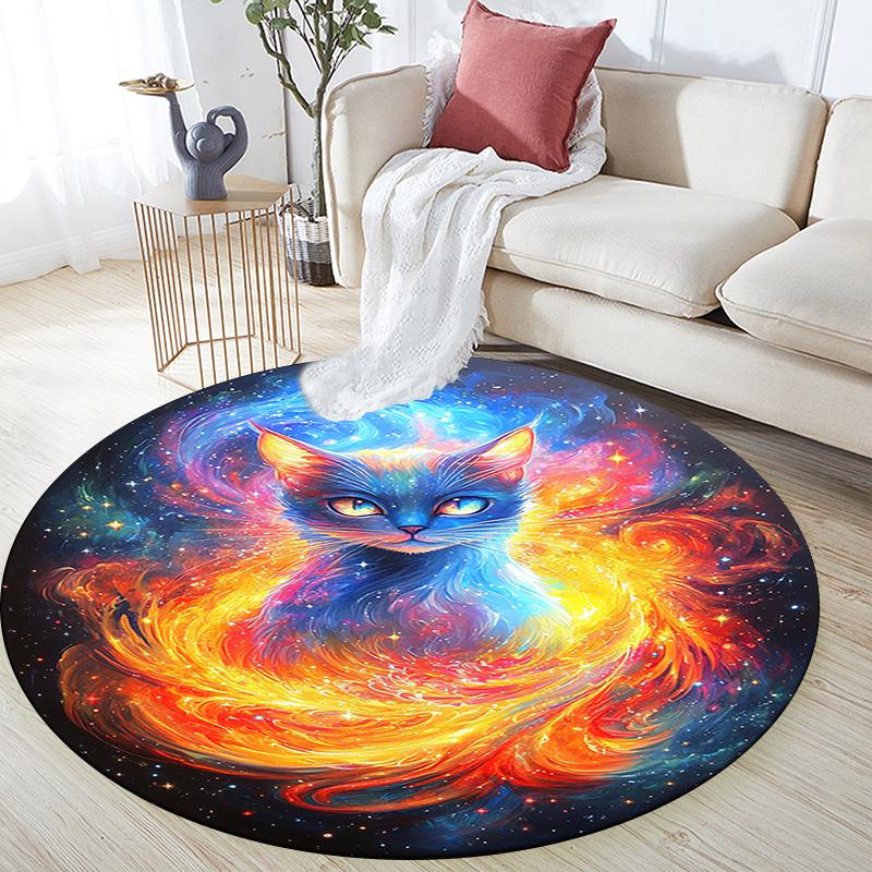 Cosmic Cat Round Area Rug,Carpet Rug for Living Room Bedroom Sofa Playroom Decor,Non-slip Floor Mat