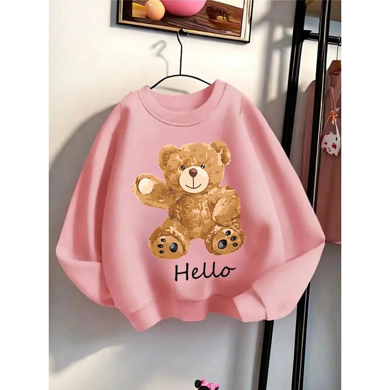 European Sizes Kids' Round-Neck Hoodie - Teddy Bear Wave Hello Pattern Print | Sportswear and Casual Wear, Soft and Comfortable